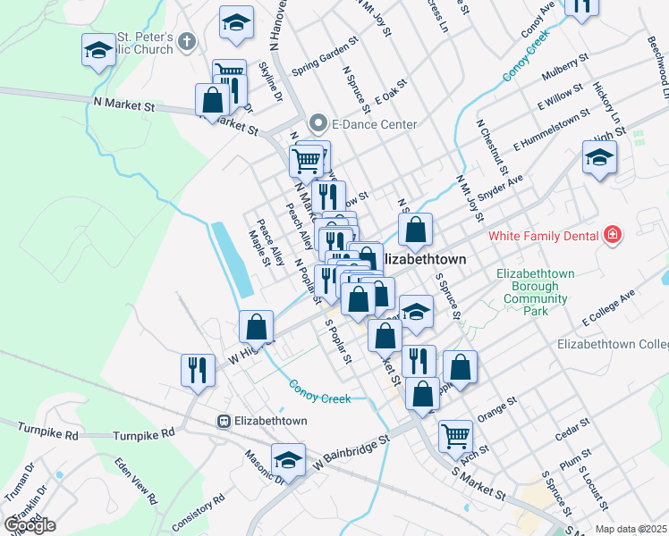 map of restaurants, bars, coffee shops, grocery stores, and more near 42 North Market Street in Elizabethtown