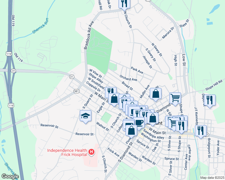 map of restaurants, bars, coffee shops, grocery stores, and more near 800 West Smithfield Street in Mount Pleasant