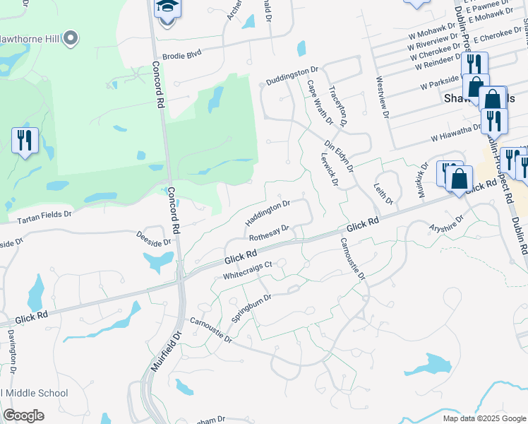 map of restaurants, bars, coffee shops, grocery stores, and more near 5715 Haddington Drive in Dublin