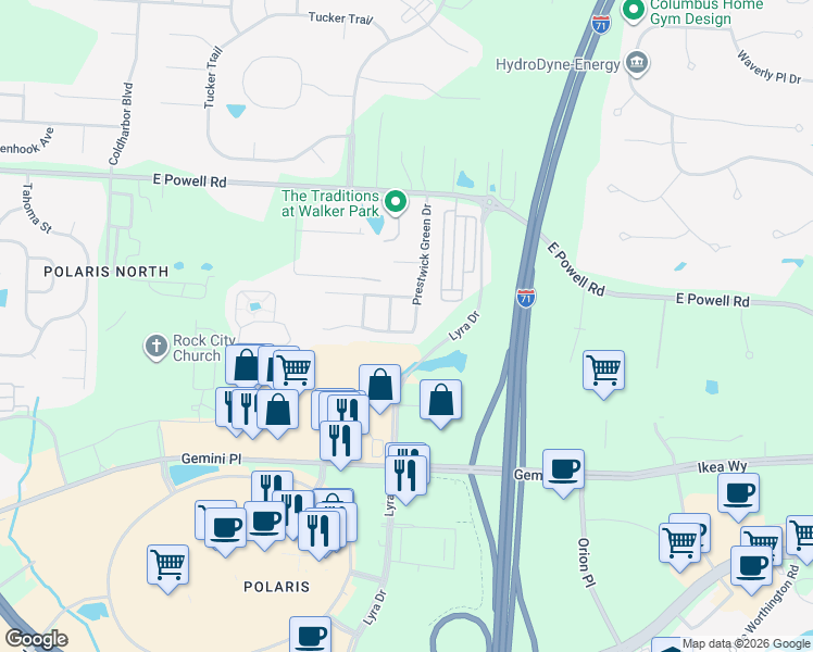 map of restaurants, bars, coffee shops, grocery stores, and more near 9183 Prestwick Green Drive in Columbus
