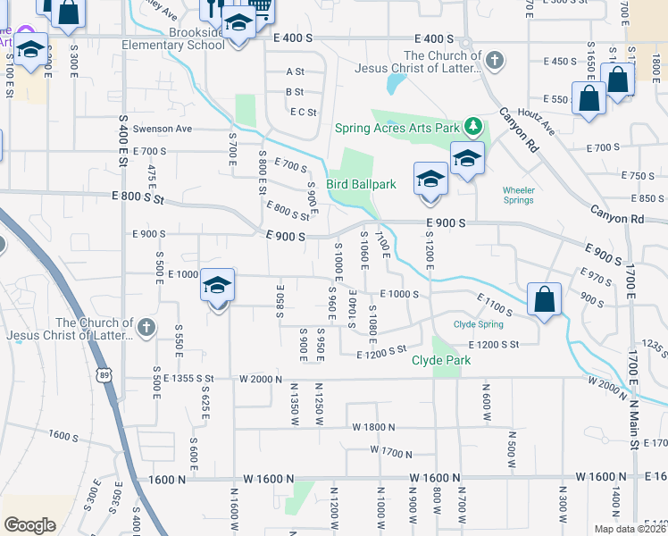 map of restaurants, bars, coffee shops, grocery stores, and more near 968 South 1000 East in Springville
