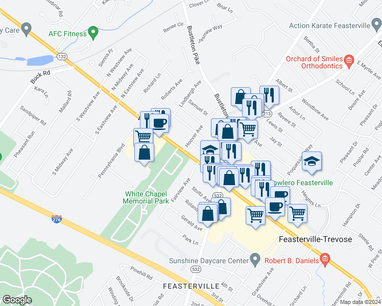 map of restaurants, bars, coffee shops, grocery stores, and more near 121 Street Road in Feasterville-Trevose