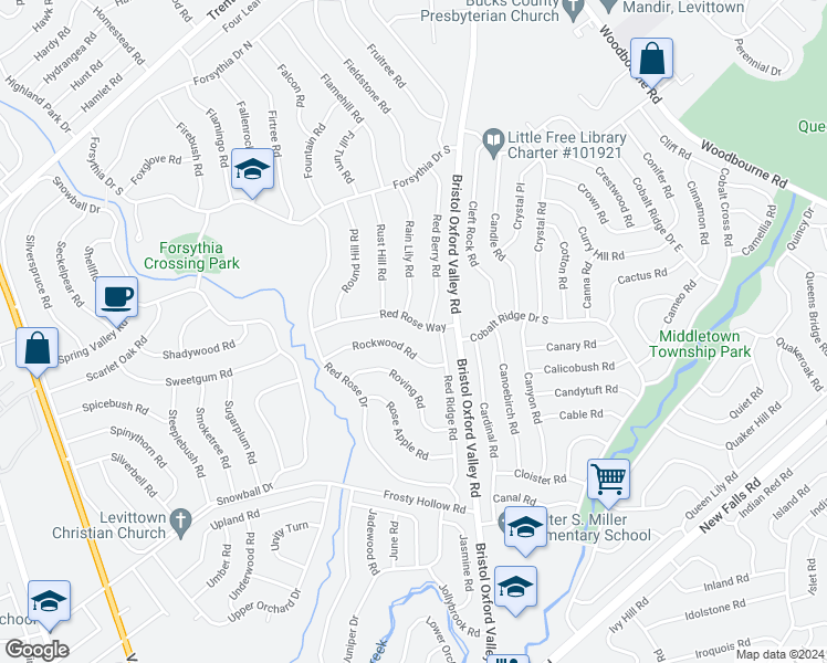 map of restaurants, bars, coffee shops, grocery stores, and more near 60 Red Rose Way in Levittown