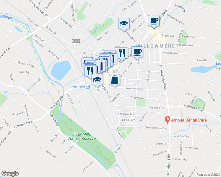 map of restaurants, bars, coffee shops, grocery stores, and more near 118 Rosemary Avenue in Ambler