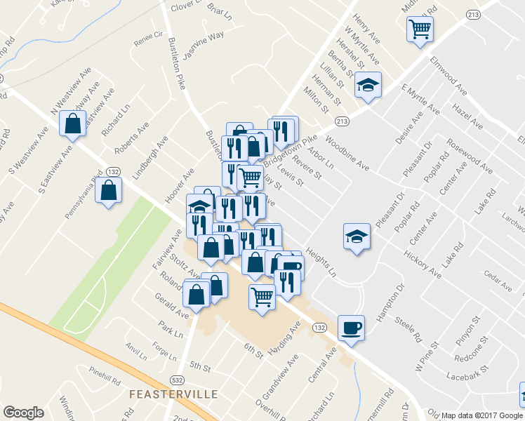 map of restaurants, bars, coffee shops, grocery stores, and more near 20 Heights Lane in Feasterville-Trevose