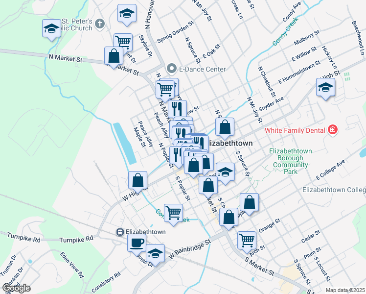 map of restaurants, bars, coffee shops, grocery stores, and more near in Elizabethtown