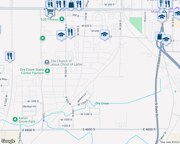 map of restaurants, bars, coffee shops, grocery stores, and more near 714 West 1050 South in Springville