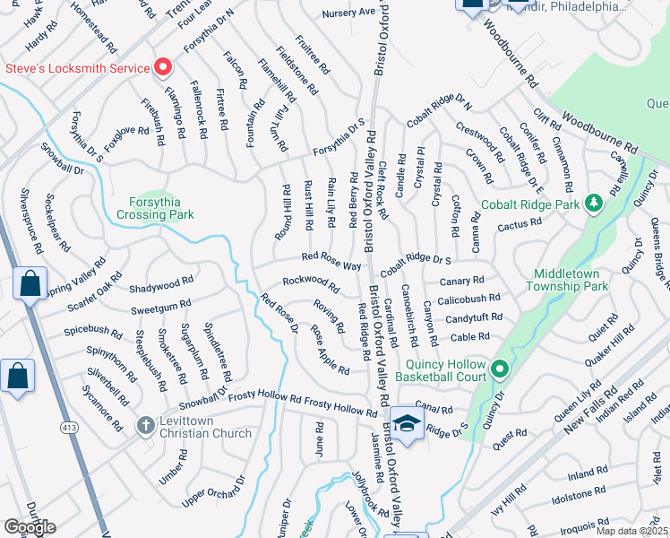 map of restaurants, bars, coffee shops, grocery stores, and more near 60 Red Rose Way in Levittown