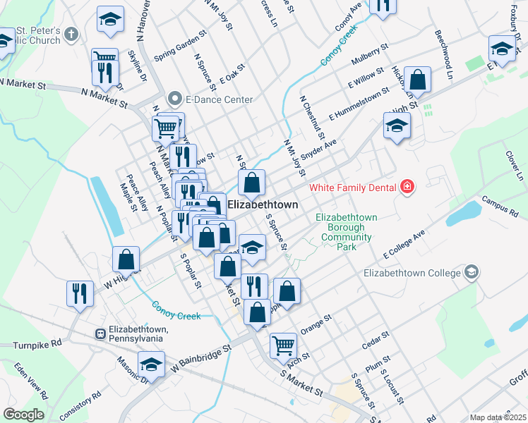 map of restaurants, bars, coffee shops, grocery stores, and more near 155 East Park Street in Elizabethtown