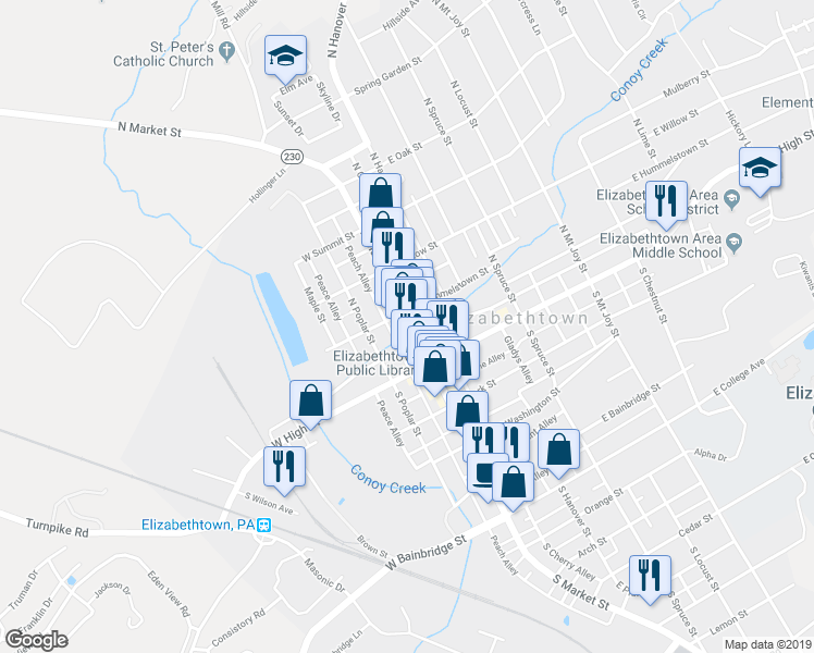 map of restaurants, bars, coffee shops, grocery stores, and more near 15 North Market Street in Elizabethtown