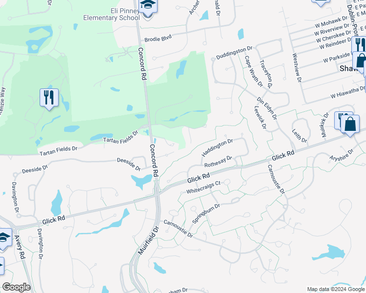 map of restaurants, bars, coffee shops, grocery stores, and more near 5782 Rothesay Drive in Dublin