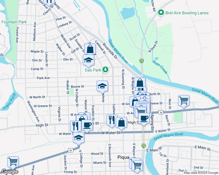 map of restaurants, bars, coffee shops, grocery stores, and more near 600 Caldwell Street in Piqua