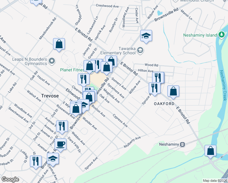 map of restaurants, bars, coffee shops, grocery stores, and more near 4851 Magnolia Avenue in Feasterville-Trevose