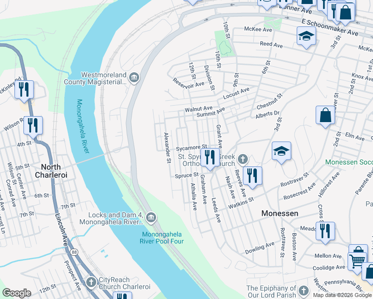map of restaurants, bars, coffee shops, grocery stores, and more near 1041 Athalia Avenue in Monessen