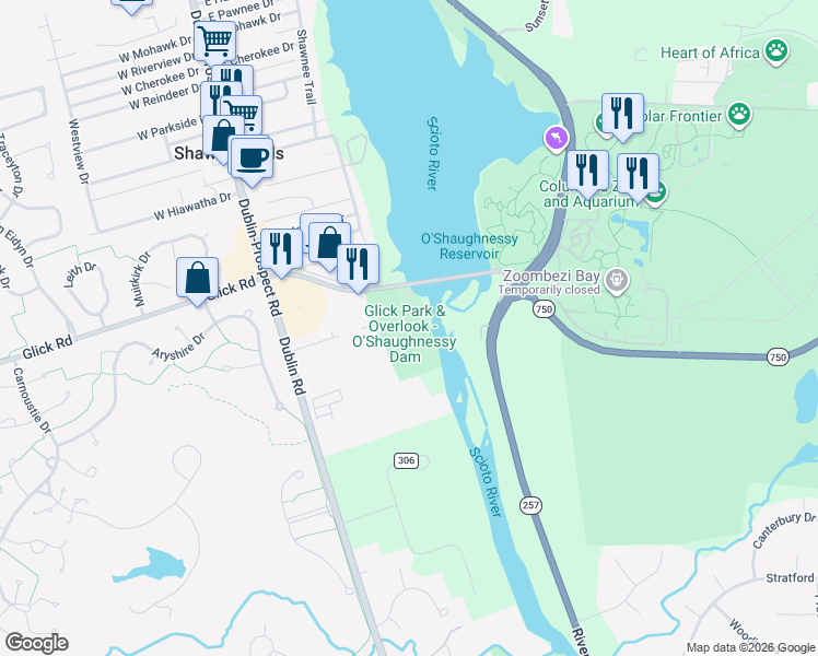 map of restaurants, bars, coffee shops, grocery stores, and more near 5925 Glick Road in Powell