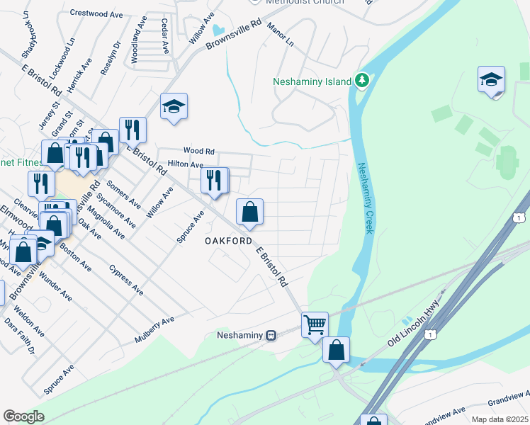 map of restaurants, bars, coffee shops, grocery stores, and more near 1158 Neshaminy Avenue in Feasterville-Trevose
