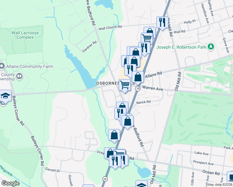 map of restaurants, bars, coffee shops, grocery stores, and more near 13 South Manor Court in Wall Township