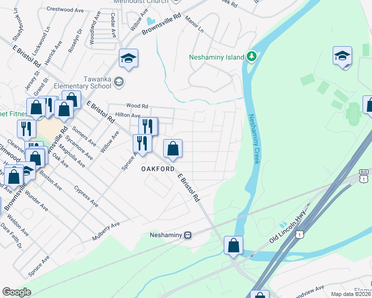 map of restaurants, bars, coffee shops, grocery stores, and more near 1164 Siles Avenue in Bucks County
