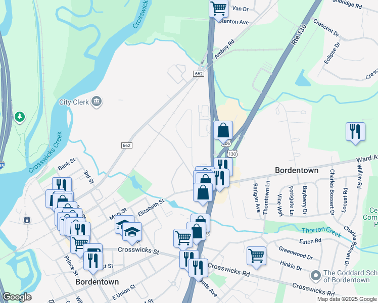 map of restaurants, bars, coffee shops, grocery stores, and more near 124 Lucas Drive in Bordentown