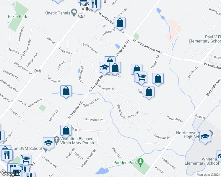 map of restaurants, bars, coffee shops, grocery stores, and more near 2482 Norrington Drive in Norristown
