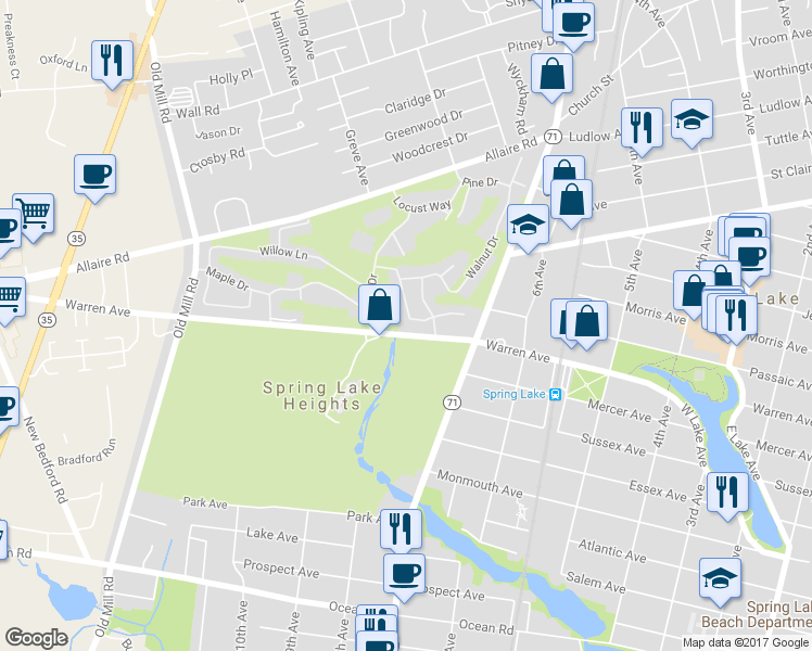 map of restaurants, bars, coffee shops, grocery stores, and more near 35 Dogwood Drive in Spring Lake