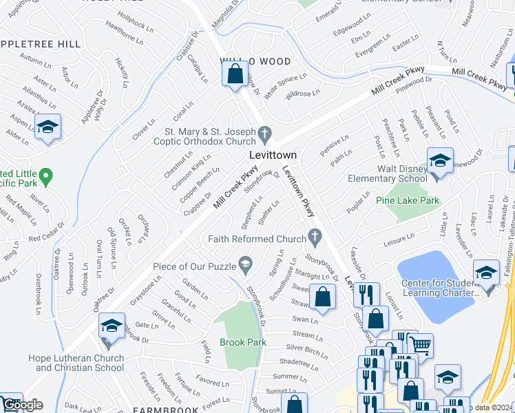 map of restaurants, bars, coffee shops, grocery stores, and more near 56 Shepherd Lane in Levittown
