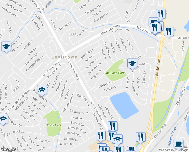 map of restaurants, bars, coffee shops, grocery stores, and more near 23 Poplar Lane in Levittown