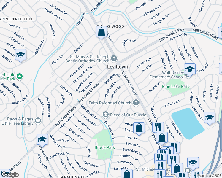 map of restaurants, bars, coffee shops, grocery stores, and more near 56 Shepherd Lane in Levittown