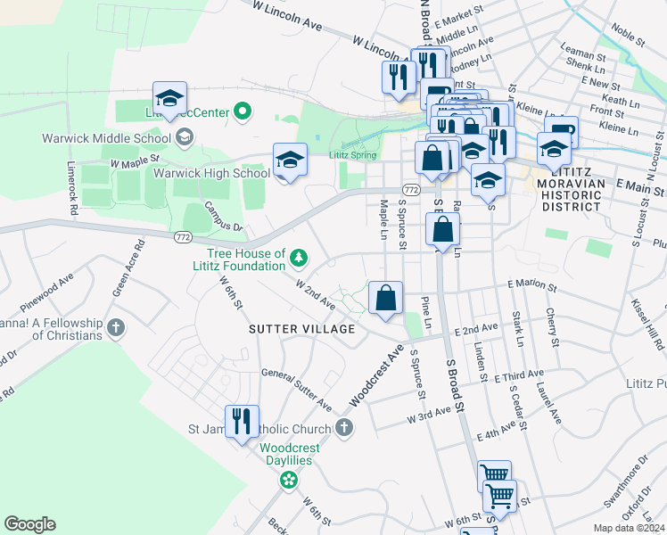 map of restaurants, bars, coffee shops, grocery stores, and more near 300 West Lemon Street in Lititz