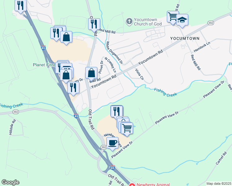 map of restaurants, bars, coffee shops, grocery stores, and more near 115 Conley Lane in Valley Green