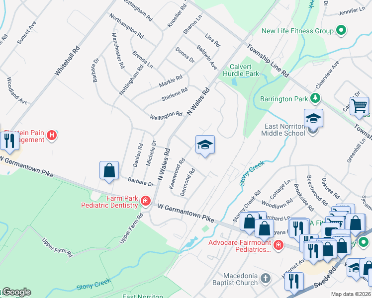 map of restaurants, bars, coffee shops, grocery stores, and more near 415 Pinecrest Road in Eagleville