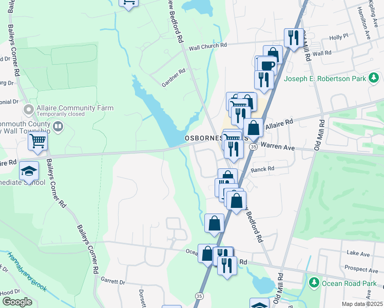 map of restaurants, bars, coffee shops, grocery stores, and more near 122 South Manor Court in Wall Township