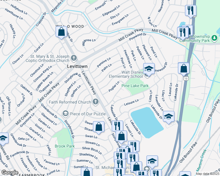 map of restaurants, bars, coffee shops, grocery stores, and more near 19 Poplar Lane in Levittown
