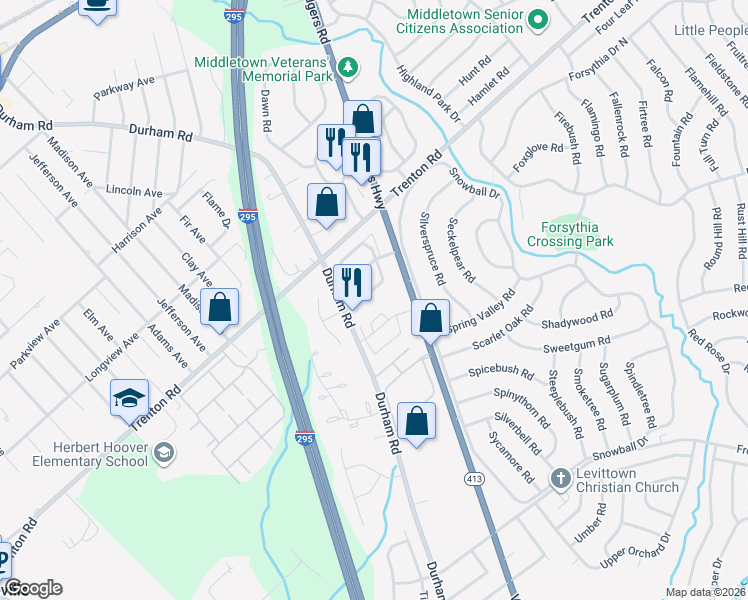 map of restaurants, bars, coffee shops, grocery stores, and more near 6 Sandybrook Drive in Langhorne