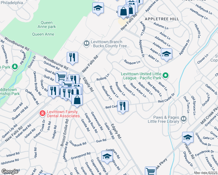 map of restaurants, bars, coffee shops, grocery stores, and more near 45 Ravine Lane in Levittown