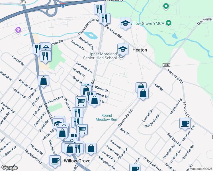 map of restaurants, bars, coffee shops, grocery stores, and more near 228 Brook Street in Willow Grove