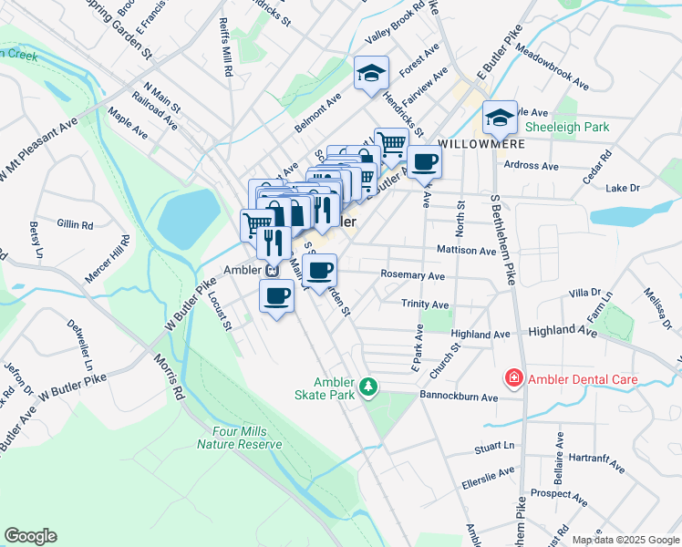 map of restaurants, bars, coffee shops, grocery stores, and more near 118 Rosemary Avenue in Ambler
