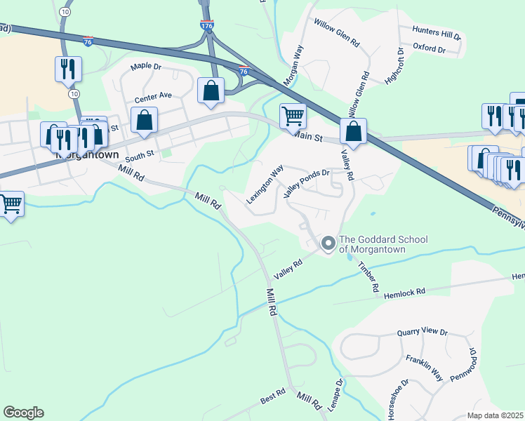 map of restaurants, bars, coffee shops, grocery stores, and more near 701 Ridgeview Drive in Morgantown