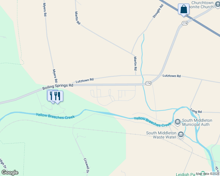 map of restaurants, bars, coffee shops, grocery stores, and more near 130 Caddis Xing in Boiling Springs