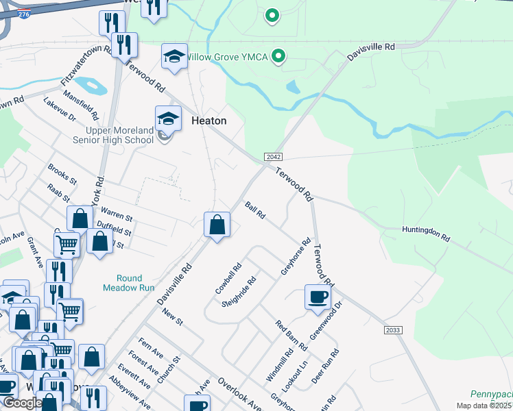 map of restaurants, bars, coffee shops, grocery stores, and more near 2545 Ball Road in Willow Grove