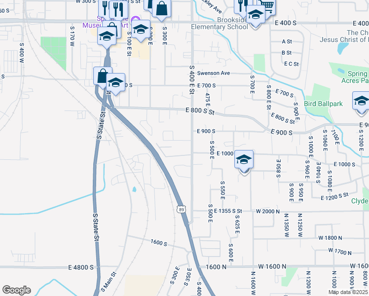map of restaurants, bars, coffee shops, grocery stores, and more near 383 1050 South in Springville
