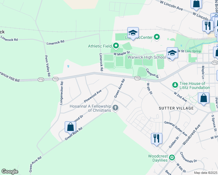 map of restaurants, bars, coffee shops, grocery stores, and more near 18 Green Acre Road in Lititz