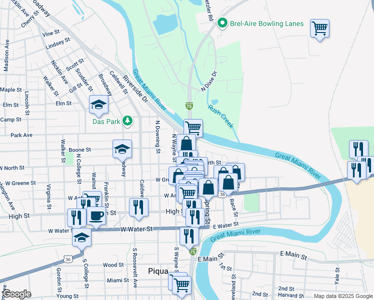 map of restaurants, bars, coffee shops, grocery stores, and more near 600 North Main Street in Piqua