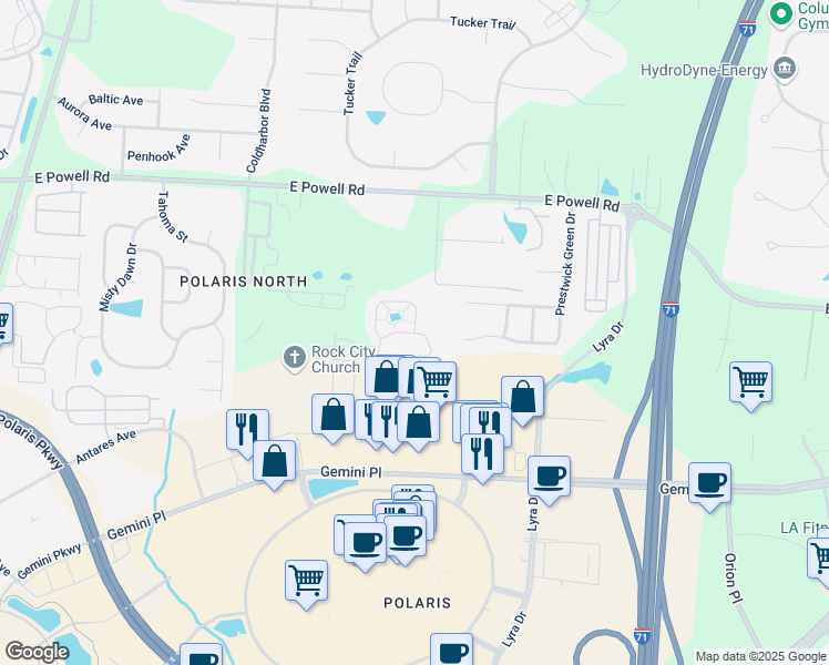 map of restaurants, bars, coffee shops, grocery stores, and more near Lakes Circle Drive in Columbus