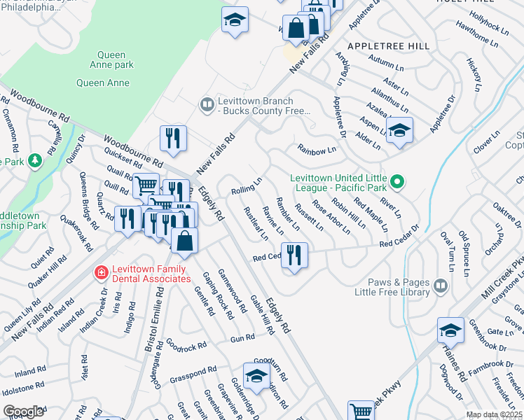 map of restaurants, bars, coffee shops, grocery stores, and more near 45 Ravine Lane in Levittown