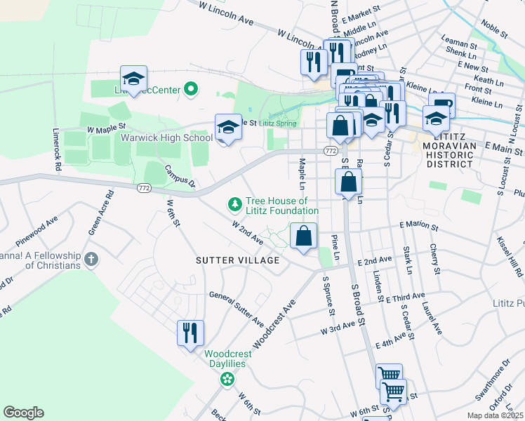 map of restaurants, bars, coffee shops, grocery stores, and more near 300 West Lemon Street in Lititz