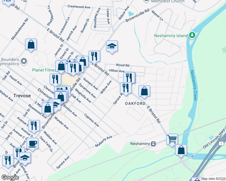 map of restaurants, bars, coffee shops, grocery stores, and more near 4355 Somers Avenue in Bucks County