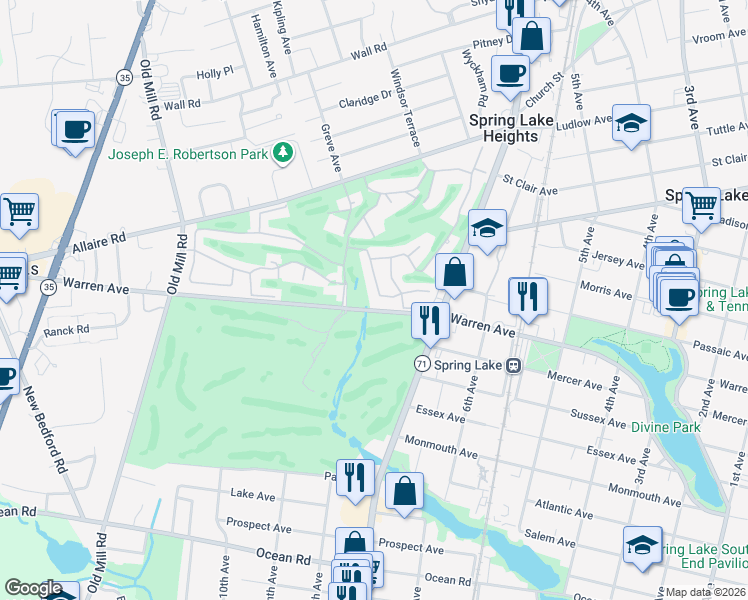 map of restaurants, bars, coffee shops, grocery stores, and more near 35 Dogwood Drive in Spring Lake