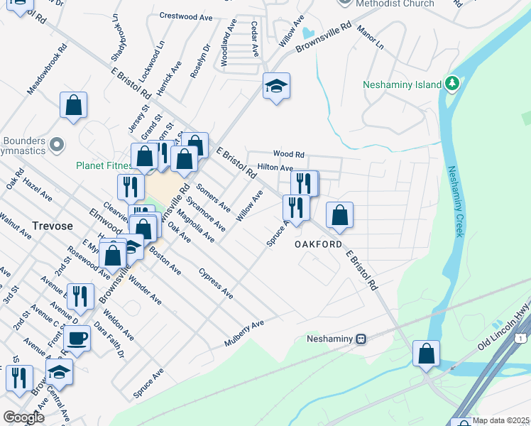 map of restaurants, bars, coffee shops, grocery stores, and more near 4355 Somers Avenue in Bucks County