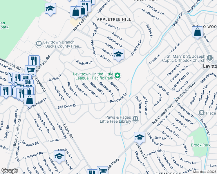 map of restaurants, bars, coffee shops, grocery stores, and more near 30 Red Maple Lane in Levittown